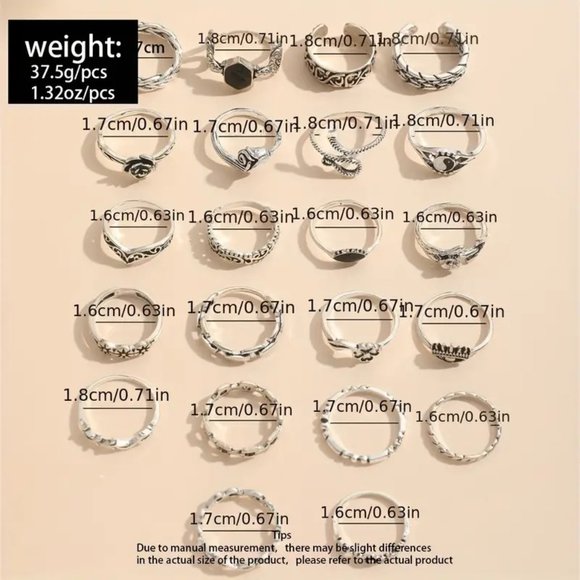 Finger Rings 22pc Gypsy Boho Hippie Snake Evil Eye Stackable Silver Onyx Bands - Picture 4 of 4